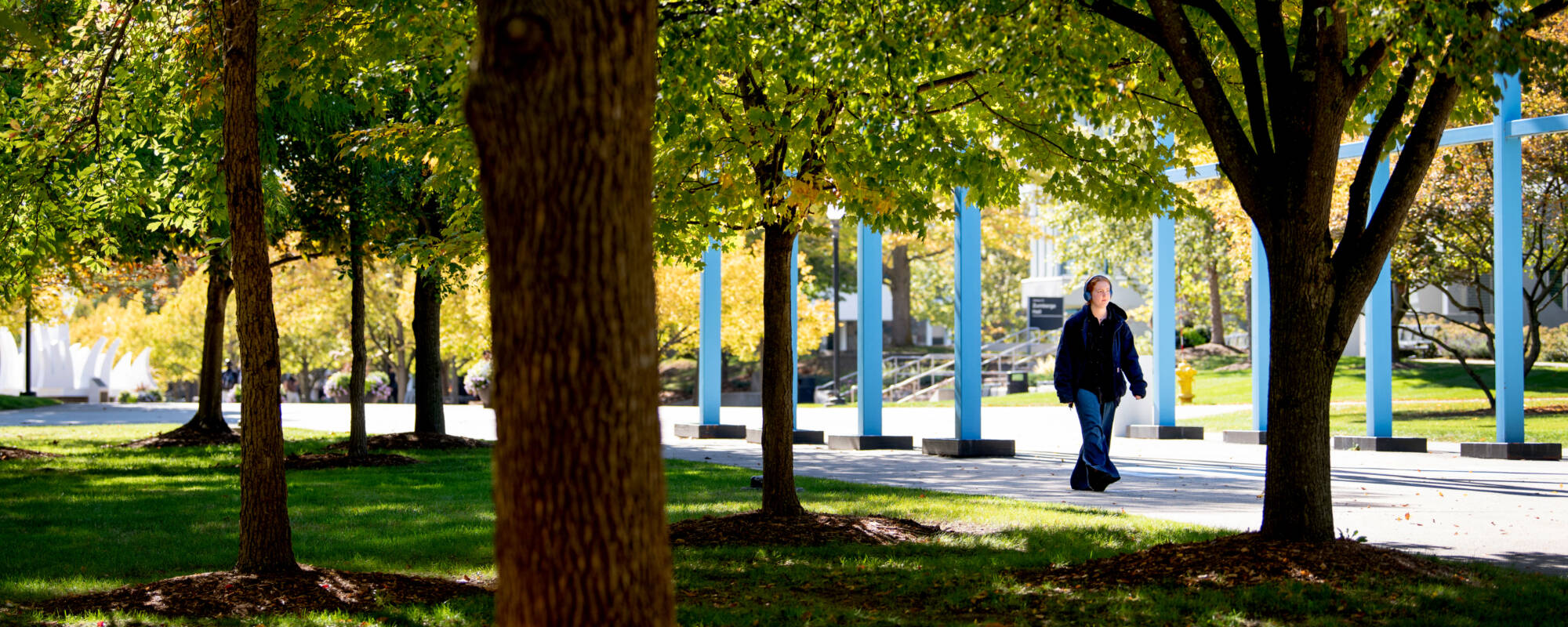 student walking on valley campus in the fall